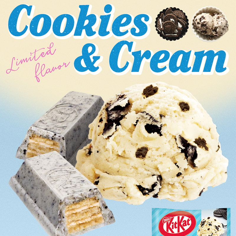 An advertising for Japanese KitKats with delicious cookies & cream flavor